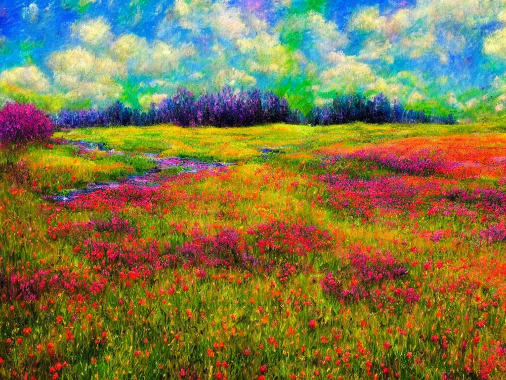 Image similar to an impressionist painting of a gorgeous meadow filled with colorful mushrooms with a stream flowing through it, psychedelic colors, colorful sky in background, trending on artstation