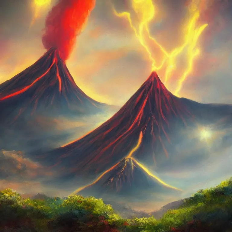 Image similar to a painting of a volcano from which come out flowers and stars exotic plants, all this happens in some kind of fantasy world, almost like in the sky or all in the amazing outdoors view, long exposure, 8 k resolution, trending on artstation