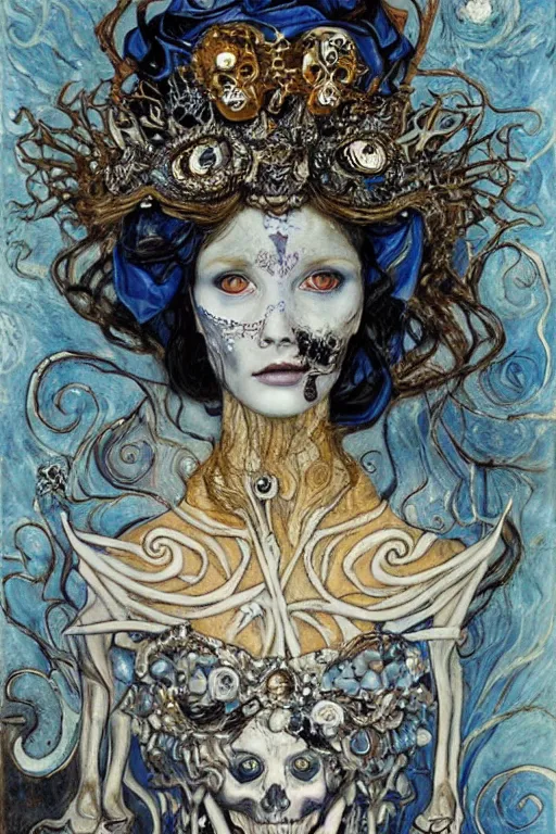 Image similar to The Princess of Bones by Karol Bak, Jean Deville, Gustav Klimt, and Vincent Van Gogh, portrait of a porcelain princess wearing a crown, porcelain ball-joint doll face with blue painted tattoos, pale blue eyes, hair made of shimmering ghosts, mystic eye, otherworldly, crown made of bones, ornate jeweled crown, skulls, fractal structures, arcane, inscribed runes, infernal relics, ornate gilded medieval icon, third eye, spirals