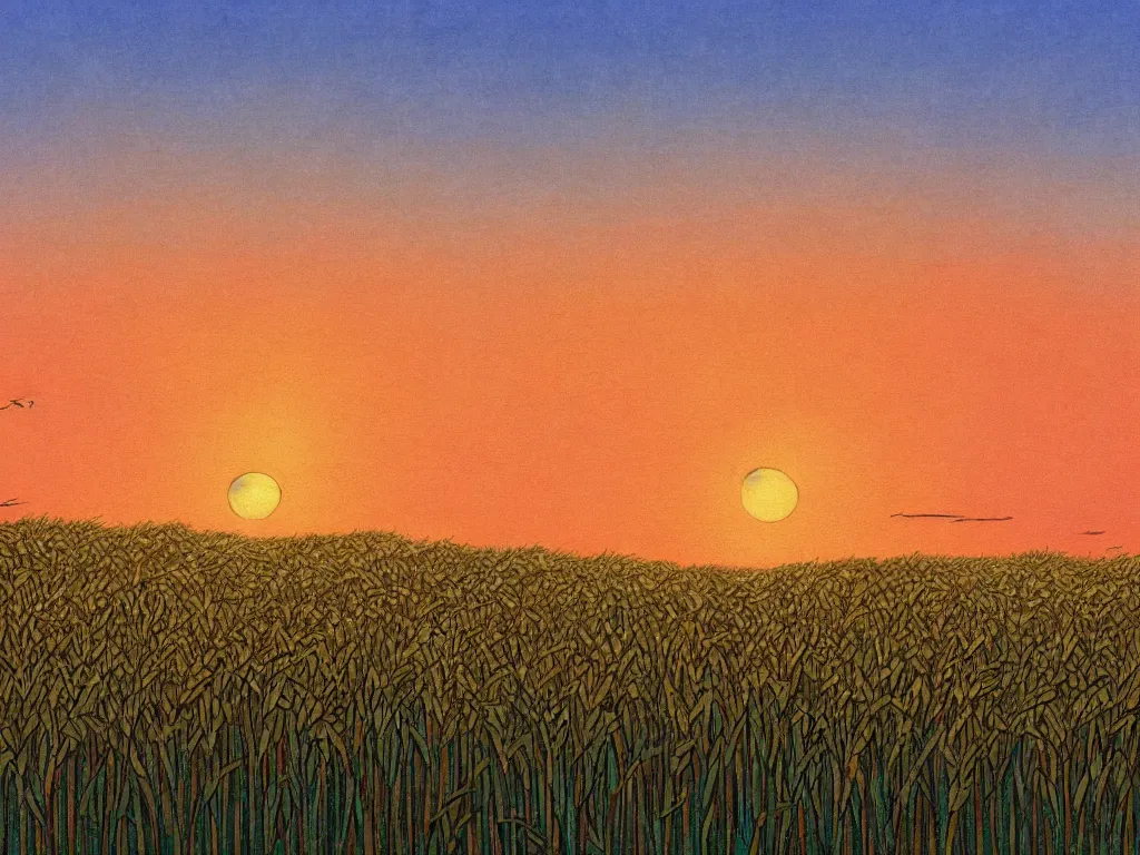 Image similar to sharp focus, breath taking beautiful, Aesthetically pleasing, gouache field of grain at sunset, digital concept art background by Hayao Miyazaki and Studio Ghibli, fine art, official media, high definition, illustration, ambient lighting, HDR, HD, UHD, 4K, 8K, cinematic, high quality scan, award winning, trending, featured, masterful, dynamic, energetic, lively, elegant, intricate, complex, highly detailed, Richly textured, Rich vivid Color, masterpiece.