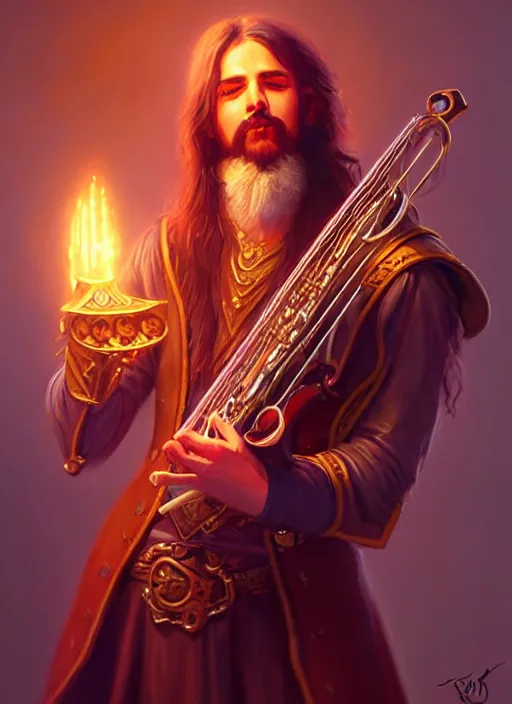 Image similar to a _ fantasy _ style _ portrait _ painting _ of charismatic bard playing instrument, rpg dnd oil _ painting _ unreal _ 5 _ daz. _ rpg _ portrait _ extremely _ detailed _ artgerm _ greg _ rutkowski _ greg