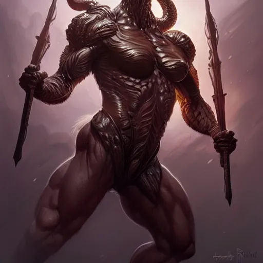 Image similar to hydra monster, muscular upper body, D&D, fantasy, intricate, elegant, highly detailed, digital painting, artstation, concept art, smooth, sharp focus, illustration, art by artgerm and greg rutkowski and alphonse mucha