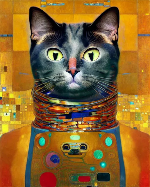 Image similar to robotic cat portrait an oil painting splashes with many colors and shapes by gustav klimt greg rutkowski and alphonse mucha, polycount, generative art, psychedelic, fractalism, glitch art