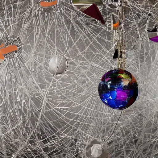 Prompt: Vivienne Westwood orb pendant surrounded by network cables and garbage and trash against a silk backdrop”