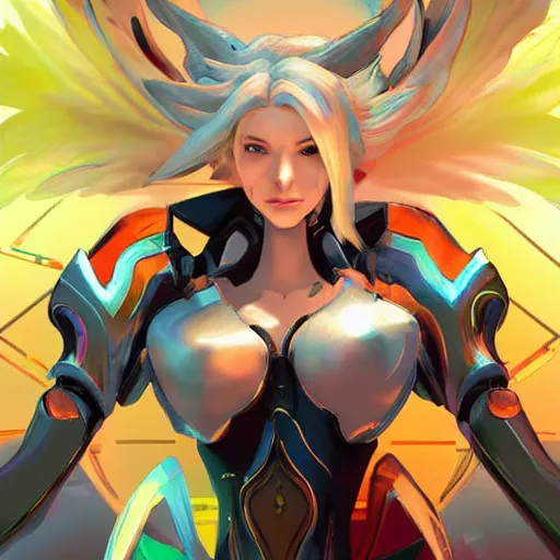 Image similar to mercy ( overwatch ), digital art by android jones and mad dog jones