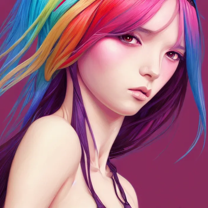 Prompt: portrait of beautiful symmetrical anime girl, rainbow hair, attractive, casual, modern, victoria's secret, highly detailed, digital painting, artstation, concept art, smooth, sharp focus, illustration, art by moebius, artgerm, greg rutkowski and alphonse mucha, 8 k,