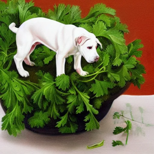 Image similar to painting of a white pitbull on a bed of parsley with a parsley garnish on top, highly detailed