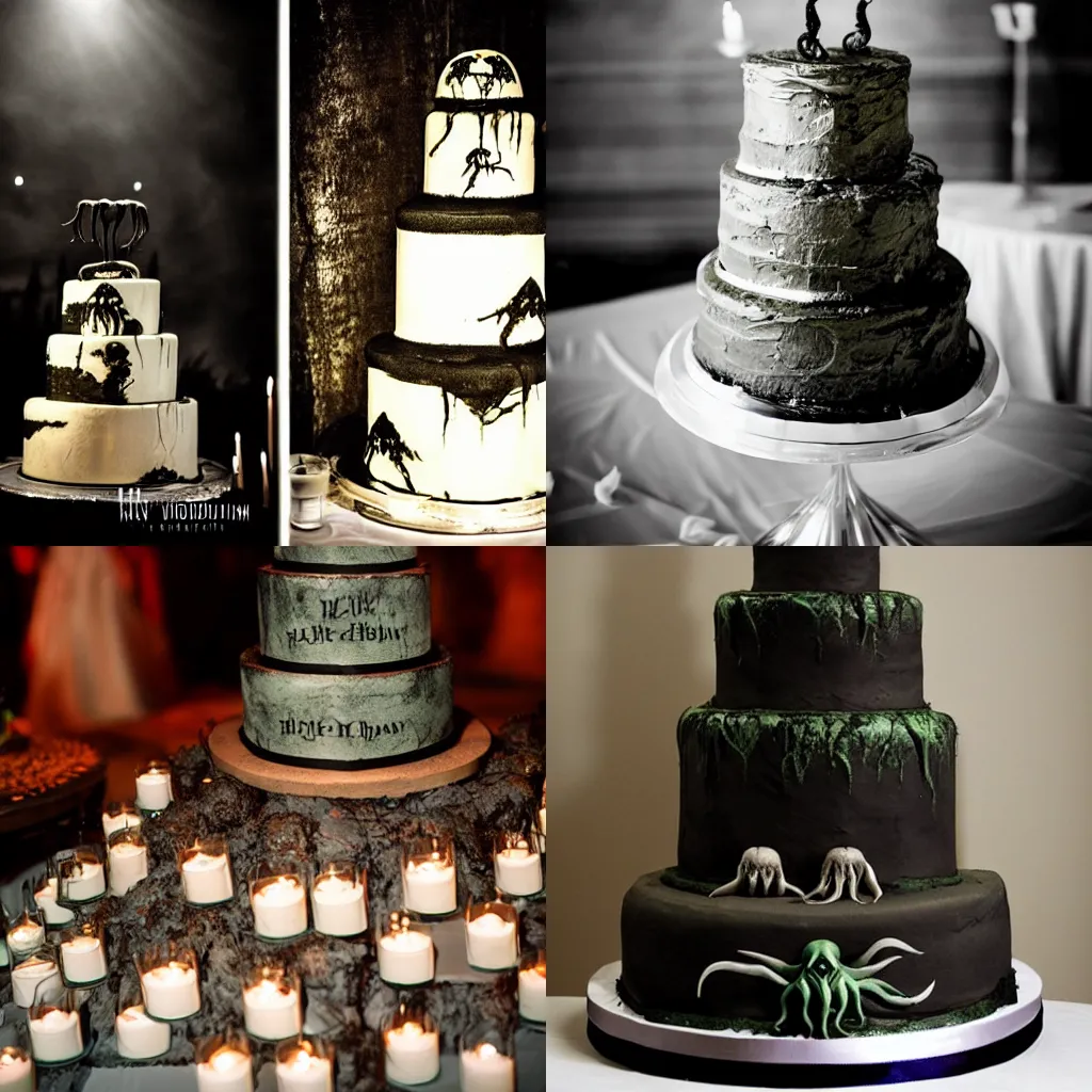 Prompt: cthulhu wedding cake moody lighting, creepy, smoky, glowing, dust in the air, dark shadows, ominous