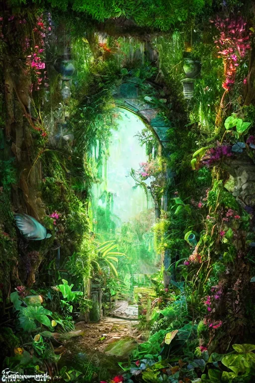 Image similar to photograph of a secret garden through a doorway, nature, lush, greenery, fantasy, fantasy aesthetic, fantasy vibe, colorful, faded effect, artstation, trending, detailed, small details, scenery,