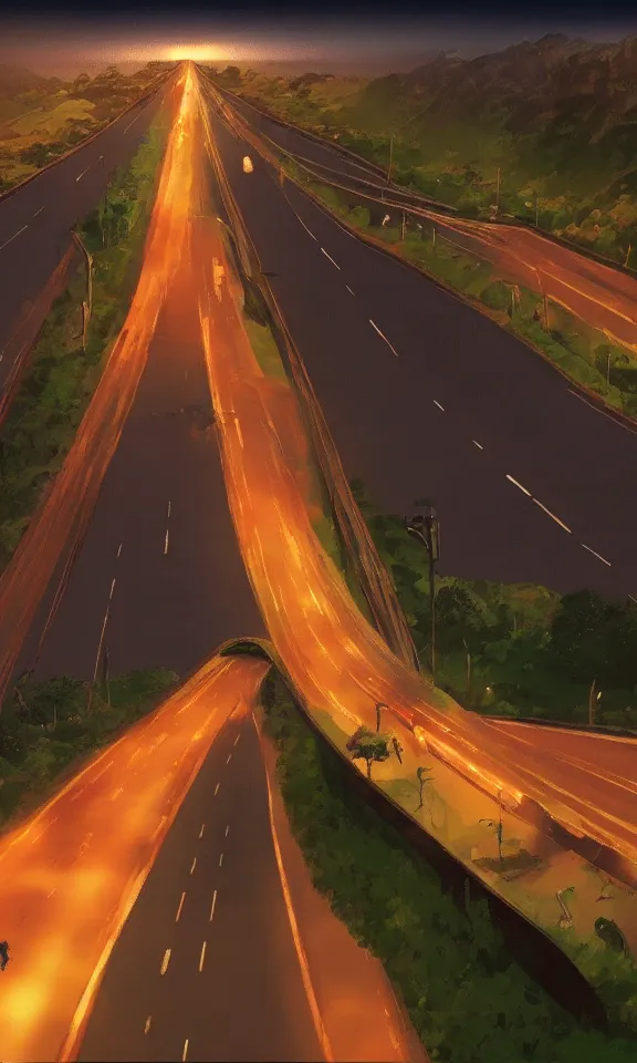 Prompt: screenshot of highway at night in Hayao Miyazaki movie