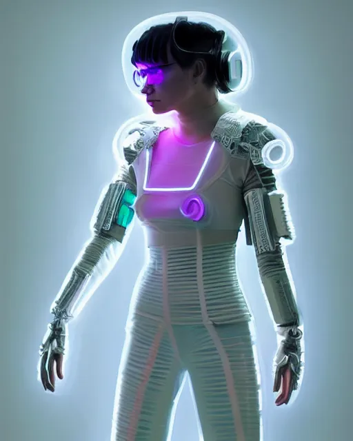 Prompt: full body shot of young punk woman dressed in futuristic cyberpunk clothing, soft neon diffused light, bjork aesthetic, translucent, by rineke dijkstra and artgerm, intricate details, highly detailed, masterpiece, 8 5 mm