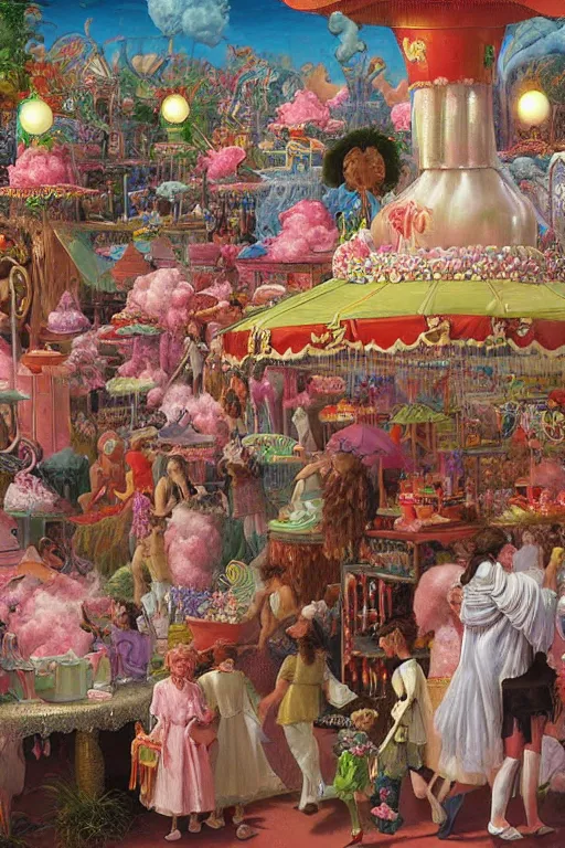 Prompt: an airbrush painting of an elaborate hidden object scene in a cotton candy shop at the local fair by destiny womack, gregoire boonzaier, harrison fisher, richard dadd