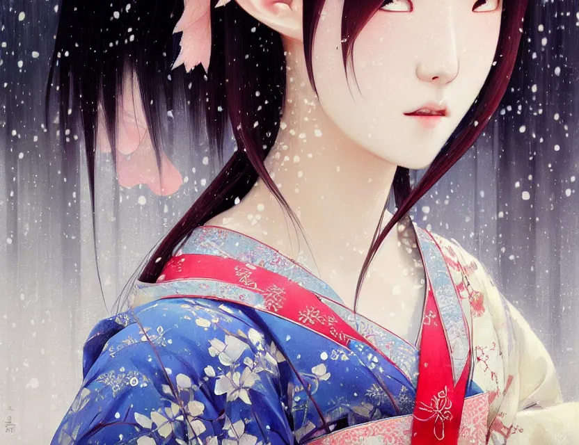 Image similar to a beautiful shibuya 1 0 9 female elf with haori and kimono decollete and jewelry | | snowy, realistic shaded, unpleasant face, channel, fasion, fine details, realistic shaded lighting poster by makoto shinkai, jeremy lipkin, michael garmash, magali villeneuve, artgerm, jeremy lipkin and michael garmash