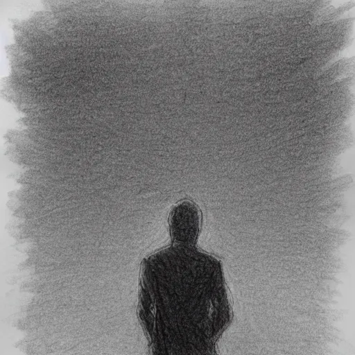 Image similar to the drawn man in jacket looks out into the black endless distance in the rain. pencil sketch