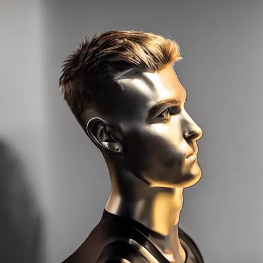 Image similar to “a realistic detailed photo of a guy who is an attractive humanoid who is half robot and half humanoid, who is a male android, twitch streamer Ninja Tyler Blevins, shiny skin, posing like a statue, blank stare, gaming room, close up”