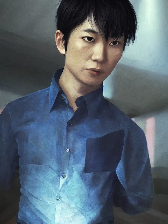 Image similar to photo of takahashi ryosuke wearing dark blue shirt, hyper detailed, digital art, trending in artstation, cinematic lighting, studio quality, smooth render, unreal engine 5 rendered, octane rendered, concept art, smooth, sharp focus, illustration, art by artgerm and greg rutkowski and alphonse mucha and wlop and krenz cushart