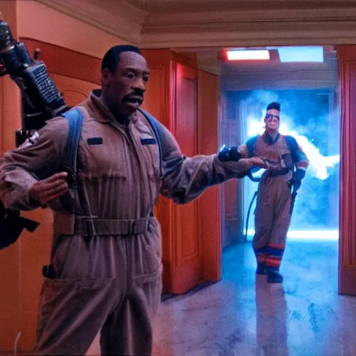 Image similar to awe inspiring Eddie Murphy playing a Ghostbuster in a still from the movie Ghostbusters 8k hdr