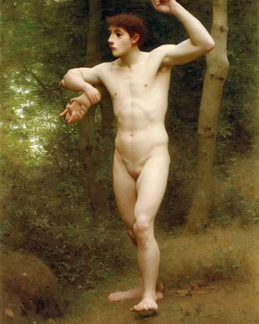 Prompt: a handsome anime man, he is walking in the forest, by Edgar Maxence and William-Adolphe Bouguereau