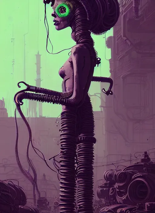 Image similar to highly detailed portrait of an moody wasteland punk long dripping green poison hair tribal lady, stray wirey rubber hoses by atey ghailan, james gilleard, by joe fenton, by greg rutkowski, by greg tocchini, by kaethe butcher, 4 k resolution, gradient purple, brown black and white color scheme!!! ( ( green flaming robotic sewer background ) )