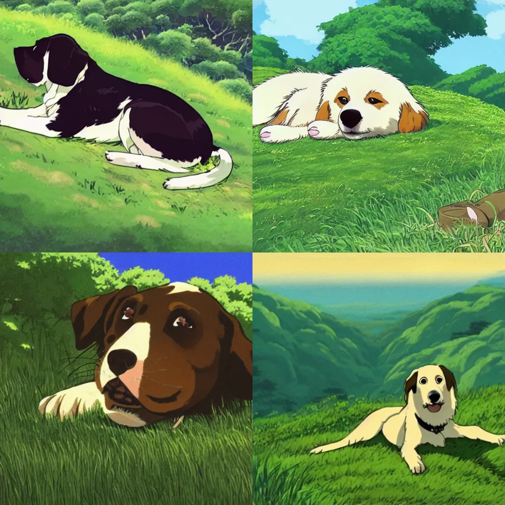 Prompt: a dog laying on top of a lush green hillside, a screenshot by studio ghibli, trending on cg society, symbolism, official art, concept art, storybook illustration