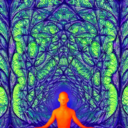 Prompt: a meditating man sitting in a fractal forest psychedelic high Detail symmetry