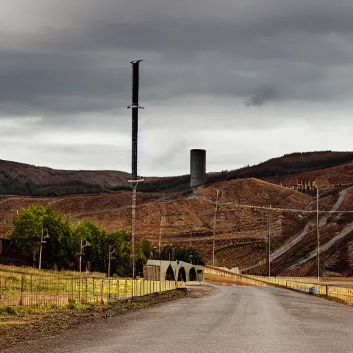 Image similar to a road next to warehouses, and a hill background with a radio tower on top, 3 0 0 mm telephoto lens