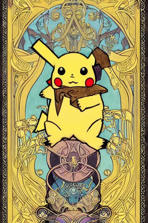 Prompt: Pikachu tarot card, art nouveau style, painterly, digital art, ornate borders, intricate details, dream atmosphere, light toned, pastel colors, cute, adorable, concept art, Pixiv, Deviantart, Behance, trending on artstation, by Naoki Saito and James jean and James Gurney and Alphonse Mucha