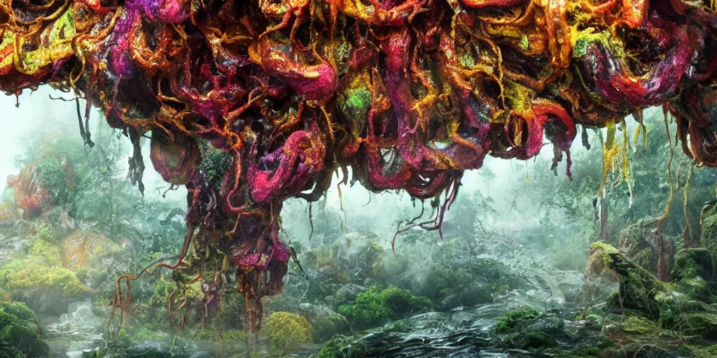 Image similar to Photorealistic picture of a glossy wet levitating floating fungus spirit with arms outstretched, made from colorful wet fungus tendrils. a gentle rising mist, an epic rocky landscape. occult photorealism, UHD, amazing depth, glowing, golden ratio, 3D octane cycle unreal engine 5, volumetric lighting, cinematic lighting, cgstation artstation concept art