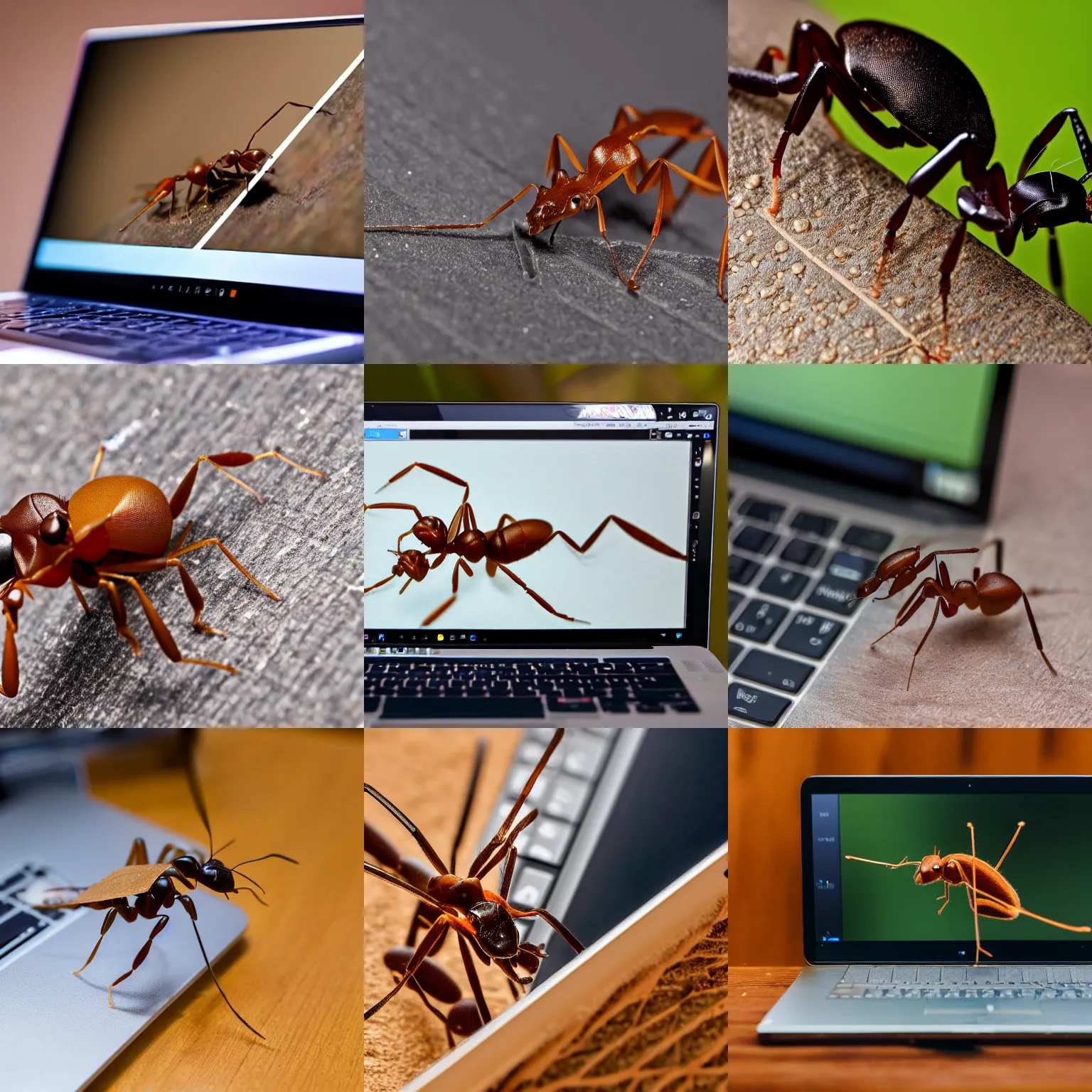 Prompt: a close - up photo of a leafcutter ant using a laptop!!, xf iq 4, 1 5 0 mp, 5 0 mm, f 1. 4, iso 2 0 0, 1 / 1 6 0 s, natural light, adobe lightroom, photolab, affinity photo, photodirector 3 6 5