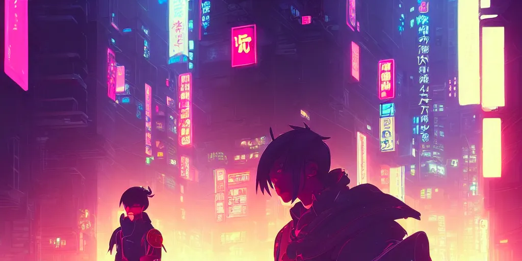 Image similar to digital illustration closeup of cyberpunk samurai in city street at night by makoto shinkai, ilya kuvshinov, lois van baarle, rossdraws, basquiat | afrofuturism, in the style of hearthstone, trending on artstation | cool color scheme