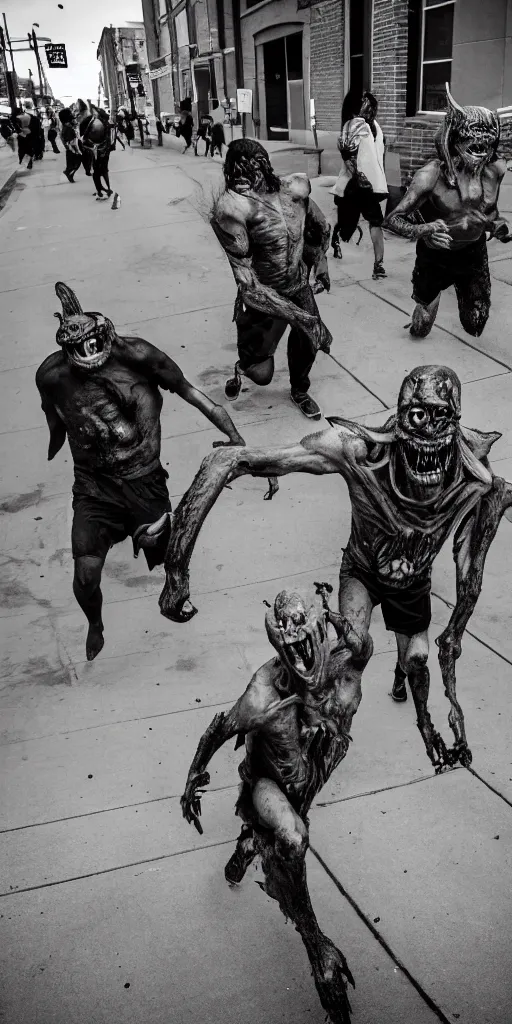 Prompt: horrifying and relentless demons hunt humans running down the street. The people being hunted are smiling with glee because this is the most exciting thing that has ever happened in Omaha.