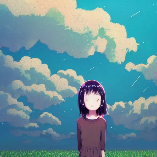 Image similar to a super detailed moe protagonist girl with pink hair in a field by inio asano, beeple and james jean, aya takano color style, 4 k, super detailed, night sky, digital art, digital painting, celestial, majestic, colorful