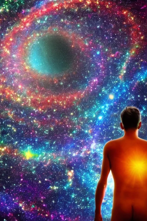 Image similar to a human being consumed by universe energy, quantum entanglement between universe and soul, all matter of the universe colliding into one soul and cosmos.