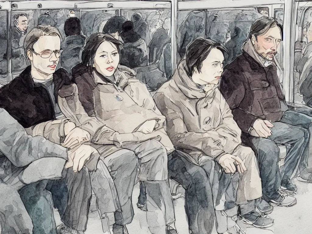 Image similar to a tight detailed ink and watercolor drawing in the style of Adrian Tomine, 3/4 low view close shot of two people sitting in a Chicago subway train: a sad Aubrey Plaza in a parka and a friendly Mads Mikkelsen in a suit