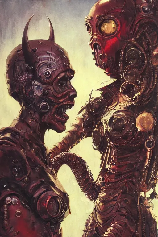 Prompt: iron fisted lovecraftian demon standing beside elegant lady wearing a latex spacesuit, by norman rockwell, jack kirby, jon berkey, earle bergey, craig mullins, ruan jia, jeremy mann, tom lovell, marvel, astounding stories, 5 0 s pulp illustration, scifi, fantasy, artstation creature concept