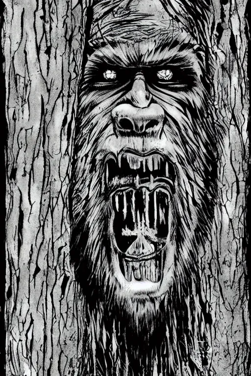 Image similar to mad bigfoot screaming in the woods artwork by ben templesmith