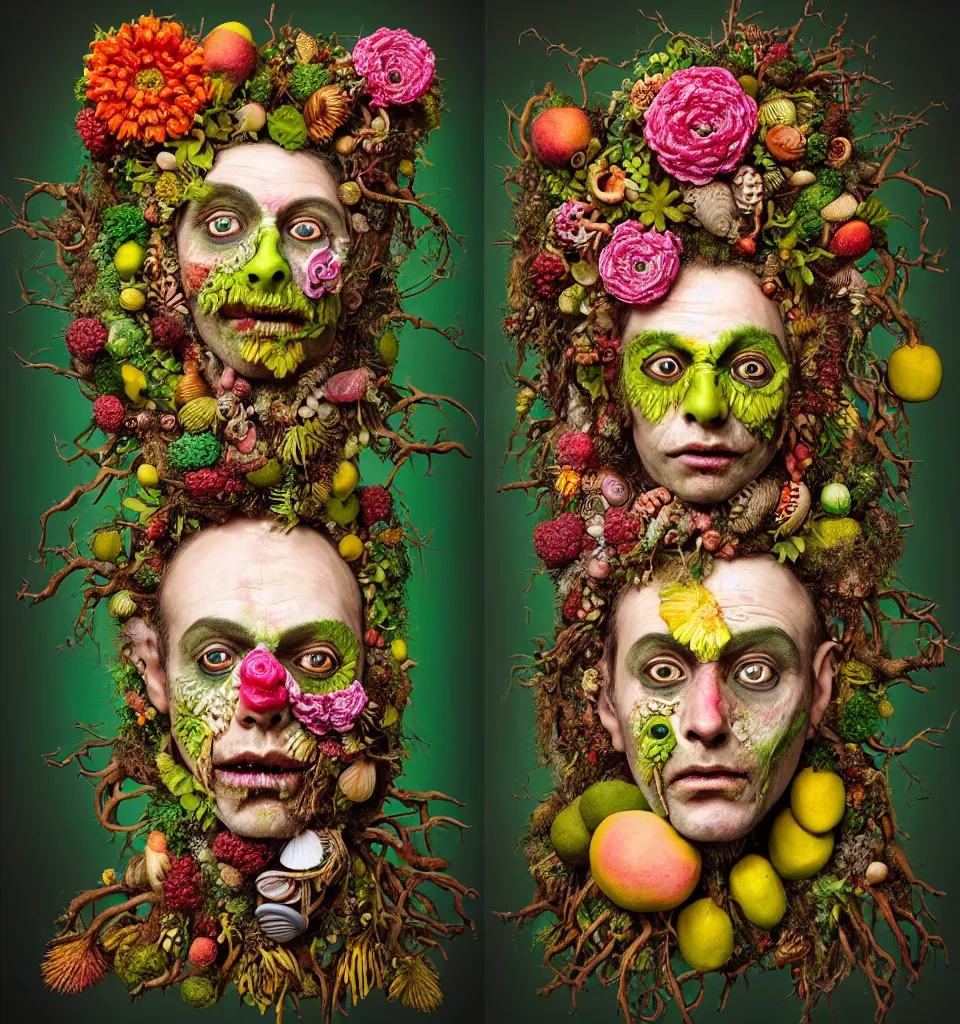 Prompt: headshot portrait of a trickster nature zombie, head made of fruit and flowers in the style of arcimboldo, fragonard, covered with tendrils roots and seashells, oil painting, ethereal, atmospheric lighting, action figure, clay sculpture, claymation, turquoise pink and green, botanical rainbow backdrop