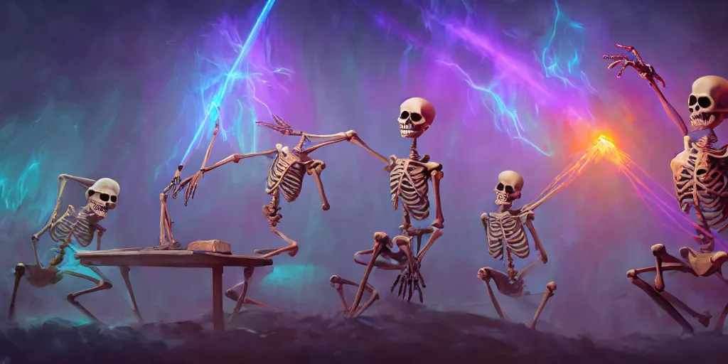 Image similar to skeletons, they are in front of a desk working on a new dark spell that is casting out flowing energy, colorful, flowing energy, light rays, medium shot, waist up, sharp, concept art, highly detailed, bloom, dramatic lighting, cinematic, by dreamworks