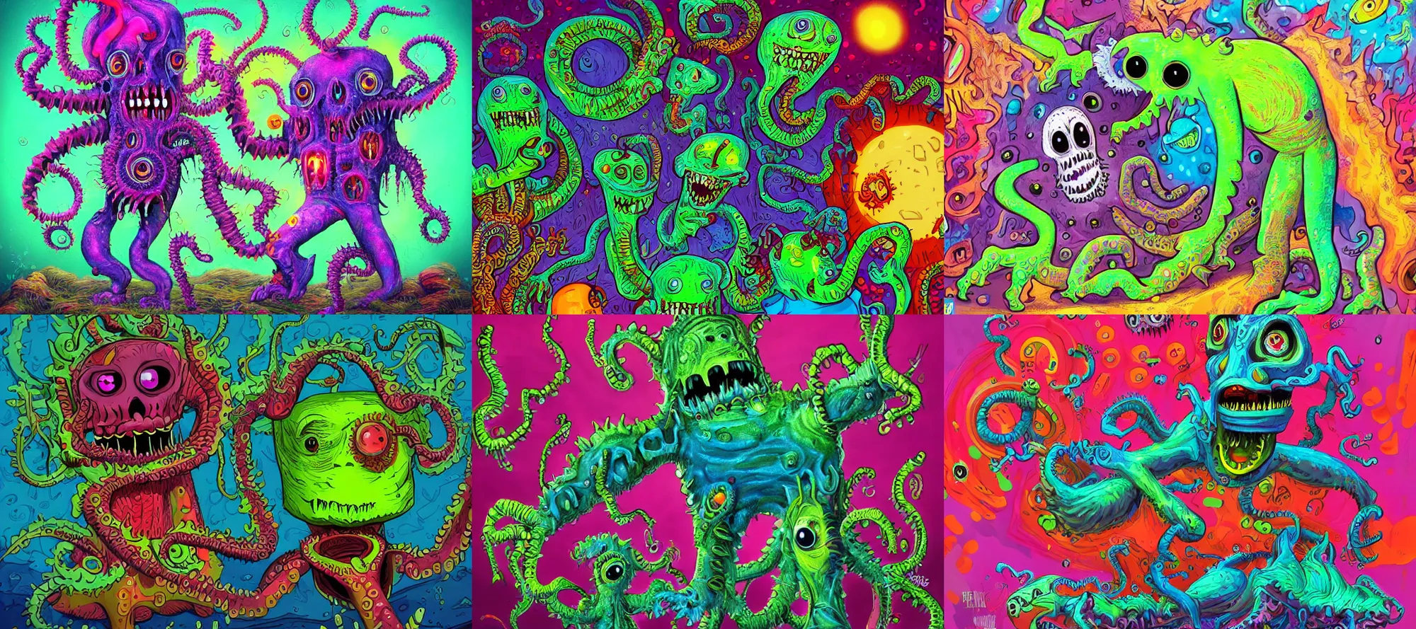 Prompt: a very funny unimaginable horror beyond human comprehension, a very detailed digital art, trending on art station, friendly art, lovecraftian monster, positive and fun vibes, bright colors, funny art