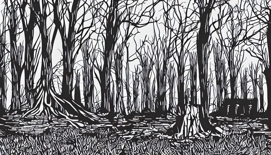 Image similar to alien ruins between towering red trees, dark, vector style drawing