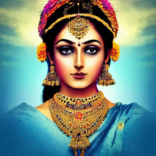 Prompt: portrait photography of indian goddess of the dawn, beautiful woman, elegant, celebration costume, jewellery, highly detailed, hyper realistic, dramatic sky, dawn, pastel, deep gaze, pretty face, glowing, in the style of nick knight