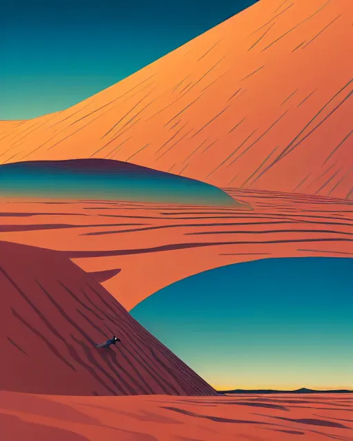 Image similar to sand dunes disappearing into the horizon in a vast desert at sunset on the planet arrakis, view from very far away, futurism, dan mumford, victo ngai, kilian eng, da vinci, josan gonzalez