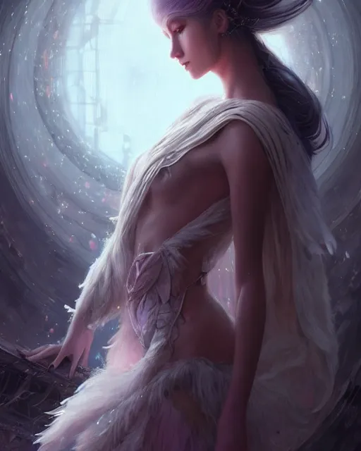 Image similar to a ( ( girl as personification of intellect ) ), beauty, fantasy, she is wearing robe of feathers, digital painting by krenz cush art, greg rutkowski, artgerm, laurie greasly, wlop, intricate, highly detailed!!, sharp focus, smooth, epic composition, unreal engine, masterpiece, 8 k, interesting background