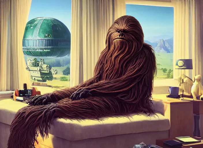 Prompt: wookiee is comfy at home trading crypto. the charts are at all time highs, gains, green charts, painting by grant wood and frank frazetta, 3 d rendering by beeple, wlop