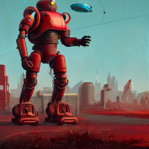 Prompt: Retrofuturism red alert spider power armor by Simon Stålenhag character design, character sheet, postapocalypse soviet spiderl robot by simon stalenhag, mutant year zero robot , trending on Artstation, 8K, ultra wide angle, zenith view, pincushion lens effect