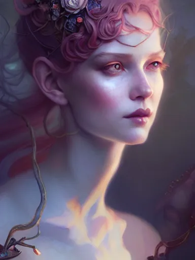 Image similar to the fairy queen by james jean, charlie bowater, tom bagshaw, nikolay makovsky : : portrait, character design, illustration, hyperrealism, photorealism, digital art, concept art, fantasy, whimsy, weta, wlop, artstation