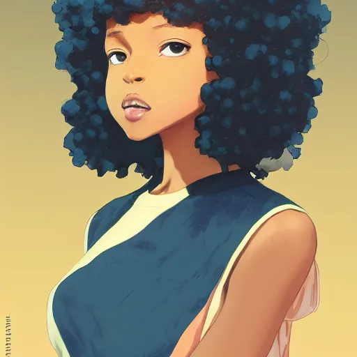 Image similar to a comic portrait of a teenager light - skin girl, afro hair, fine - face, realistic shaded perfect face, fine details, day setting. very anime style. realistic shaded lighting poster by ilya kuvshinov katsuhiro, magali villeneuve, artgerm, jeremy lipkin and michael garmash, rob rey and kentaro miura style, trending on art station