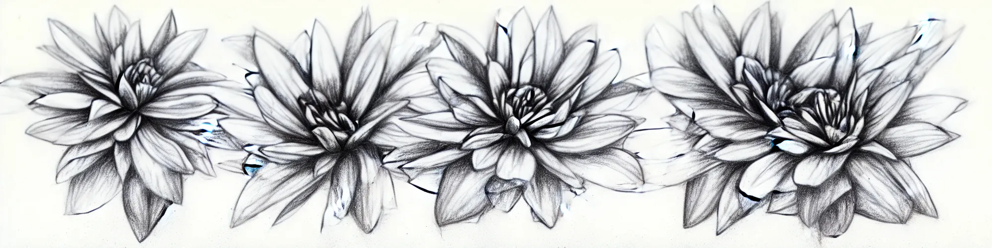 Image similar to excellent flower in various stages of life, line drawing, pencil