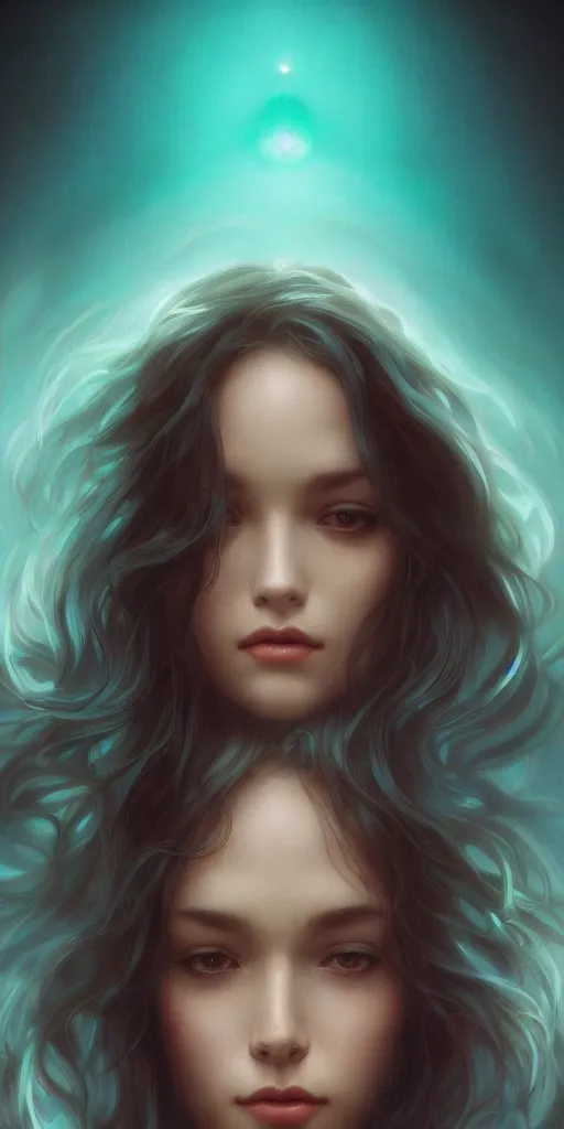 Image similar to haunting beautiful young woman, detailed photo realistic gorgeous face turning waves, dark, ominous, sad eyes, glowing hue of teal, vaporwave aesthetic, synthwave , digital painting, artstation, concept art, smooth, sharp focus, illustration, art by artgerm and greg rutkowski and alphonse mucha