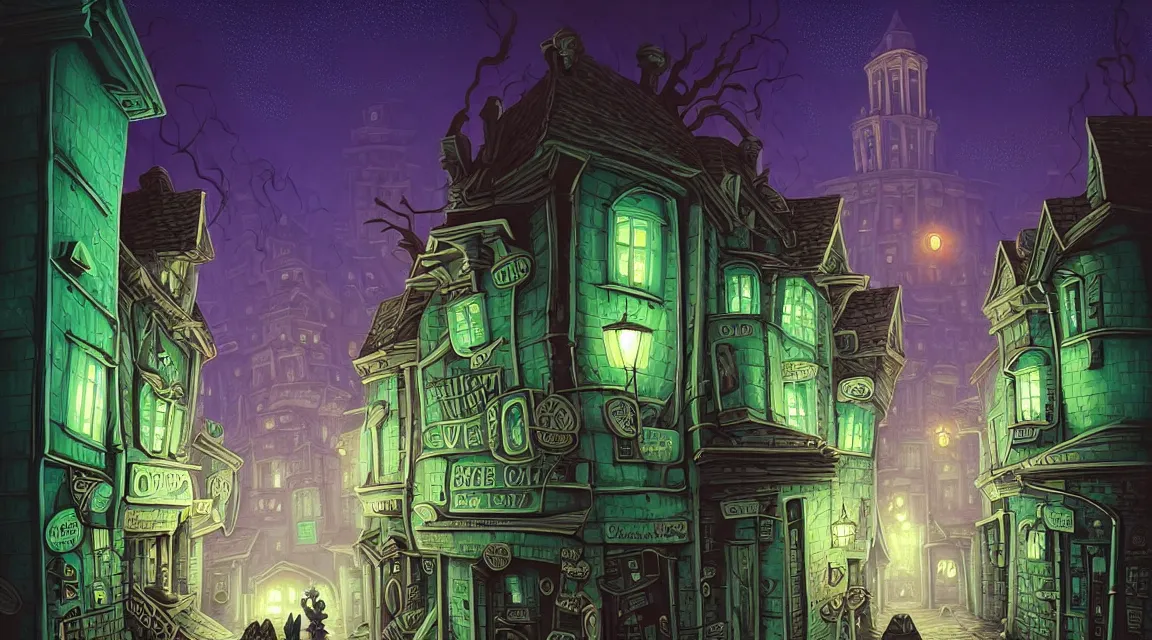 Prompt: cthulhu visits a lovecraftian town. lovecraft. cthulhu. lovecraftian city at night by cyril rolando and naomi okubo and dan mumford and ricardo bofill. lovecraftian cthulhu. cobbled streets. lovecraftian landscape. swirly night sky.